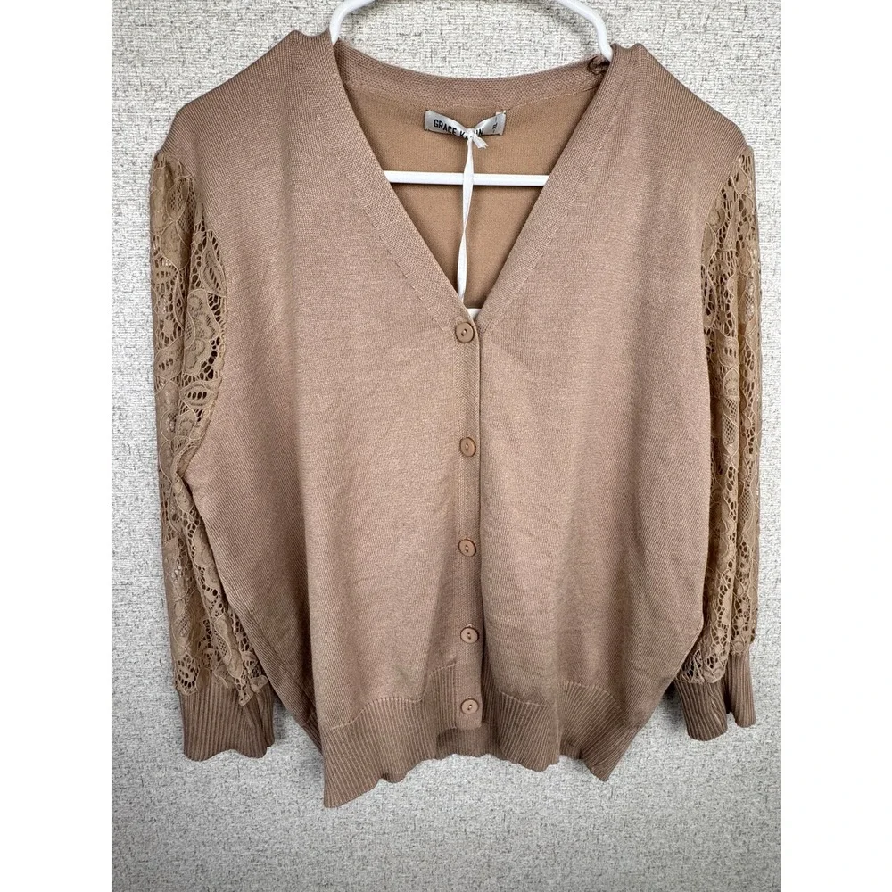 Grace Karin Cardigan Bundle XL Lace Sleeve Camel & Indigo NWT Lot of 2 Sweater